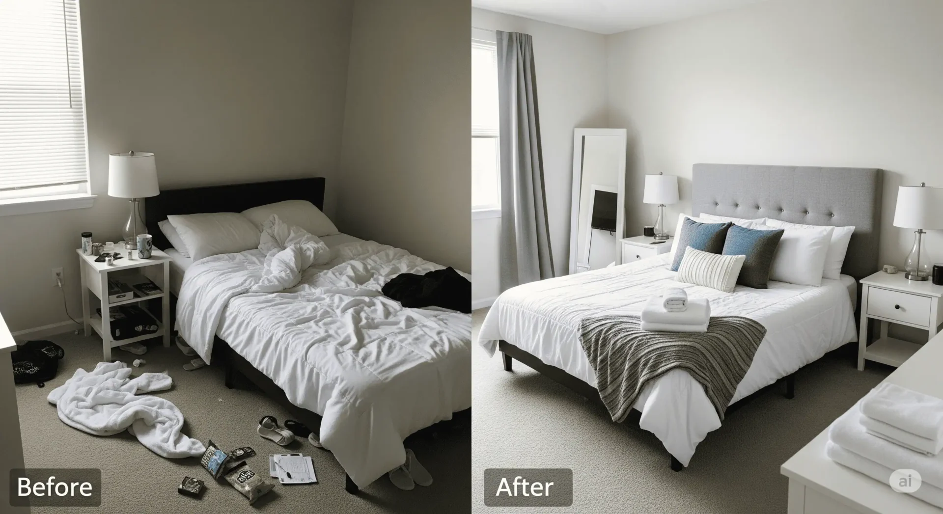 Before-and-after side‑by‑side of an Airbnb bedroom turnaround 2