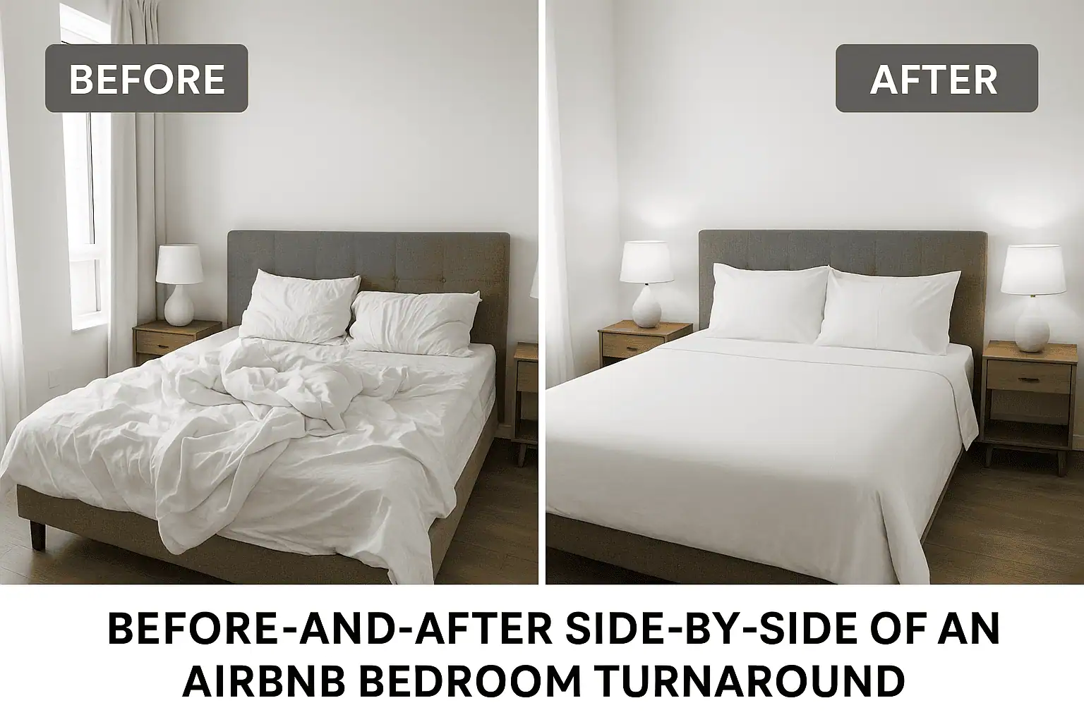 Before-and-after side‑by‑side of an Airbnb bedroom turnaround
