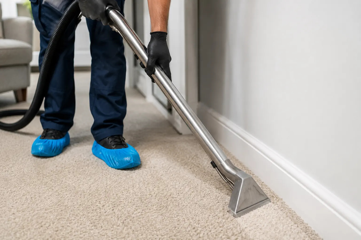 Carpet Beetles: How to Spot and Remove Them 2 Professional technician steam cleaning carpet edges to kill carpet beetle larvae