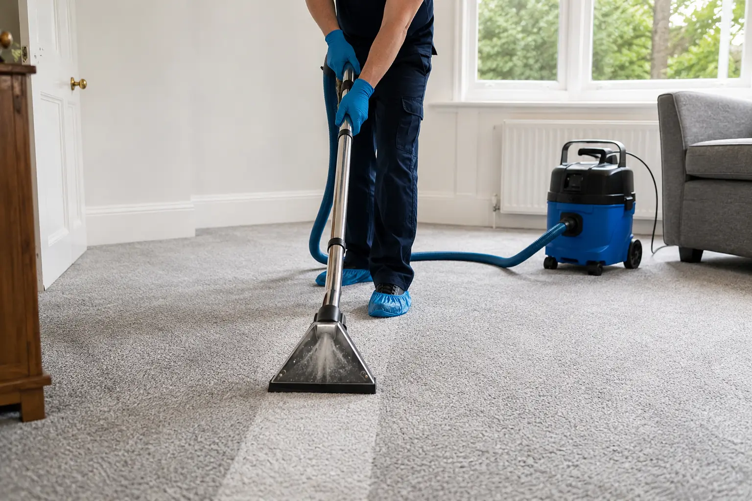 Can You Get a Carpet Cleaned the Same Day in London? 1 Close-up of professional water extraction removing moisture from a flood-damaged carpet during emergency restoration.